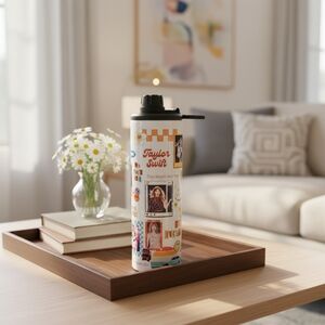Taylor Swift Cream Travel Bottle with Black Lid and Multicolor Graphics